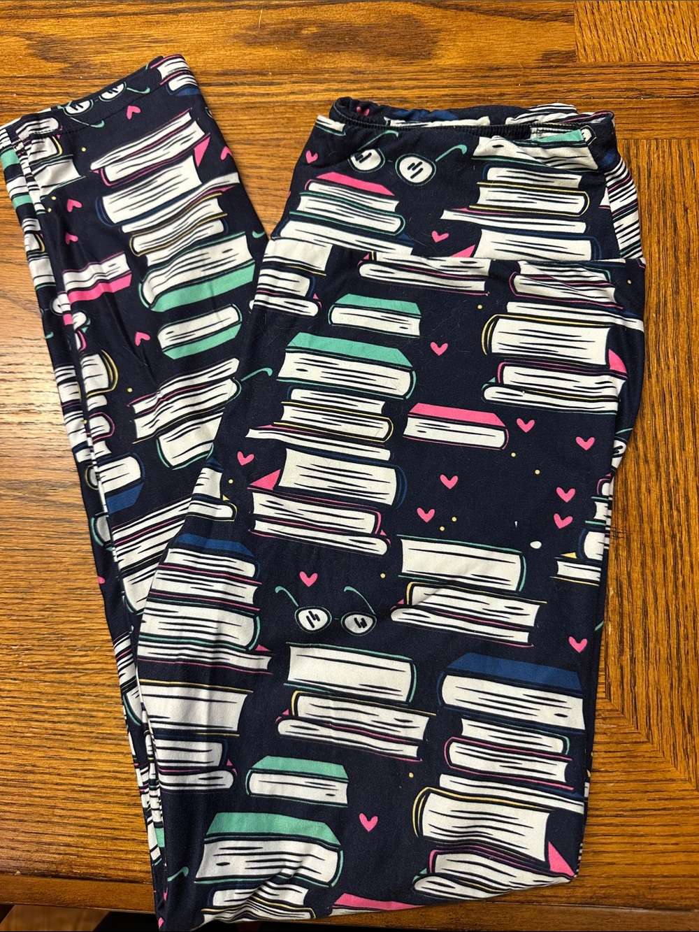 Navy Book-Stack Print Leggings with Pink & Teal Accents